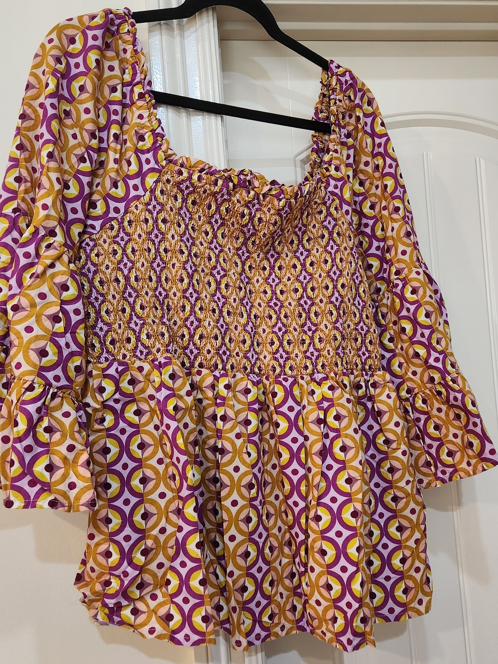 Smocked Boho Tunic Top in Gold and Purple